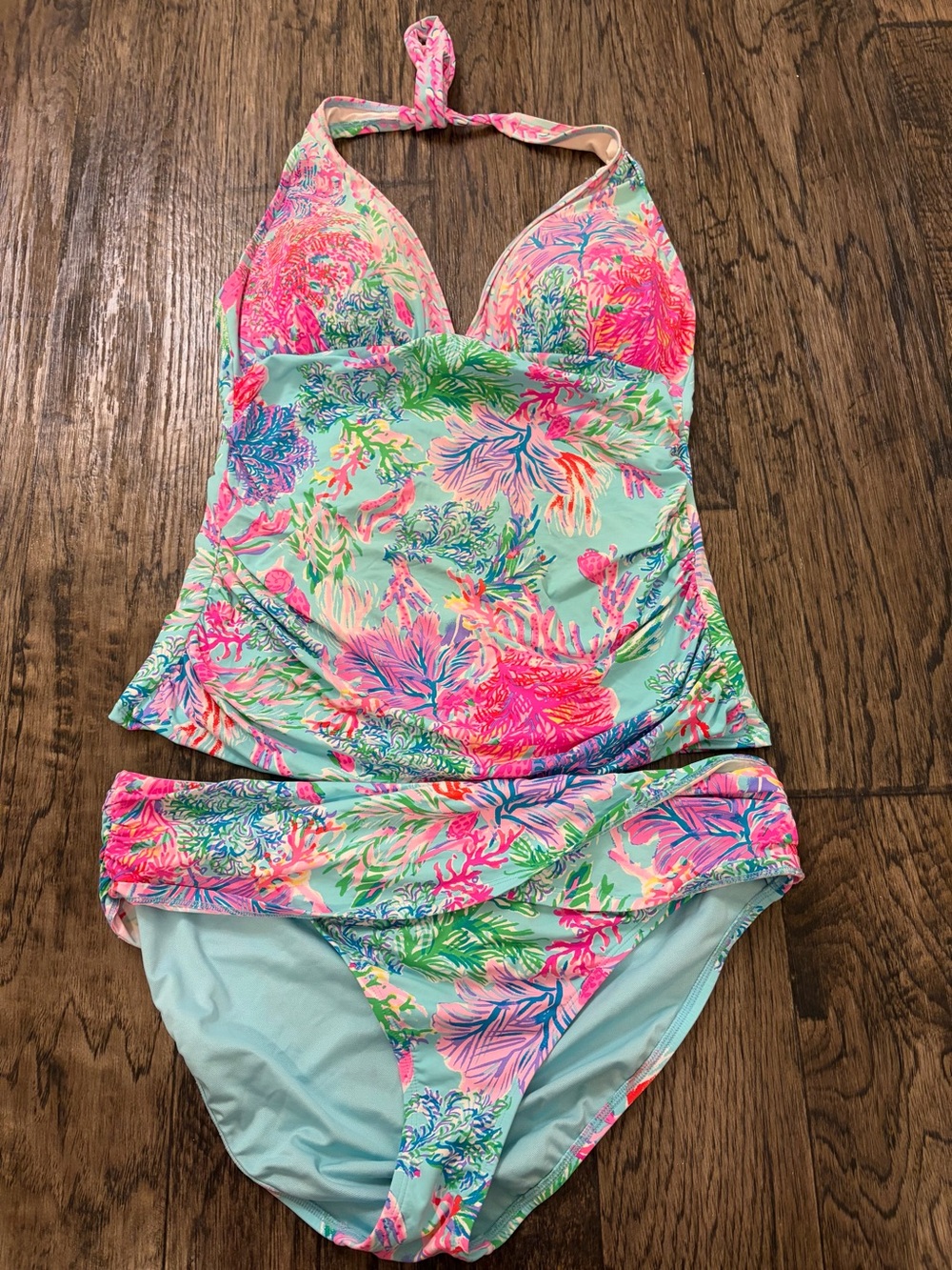 Lilly Pulitzer Aqua Halter Tankini One-Piece with Pink Floral Print